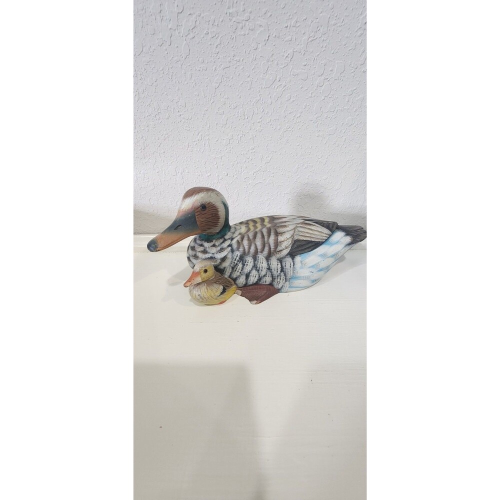 Vtg Wood Duck Decoy Mother and Baby Figurine Hand Painted Carved China 8"